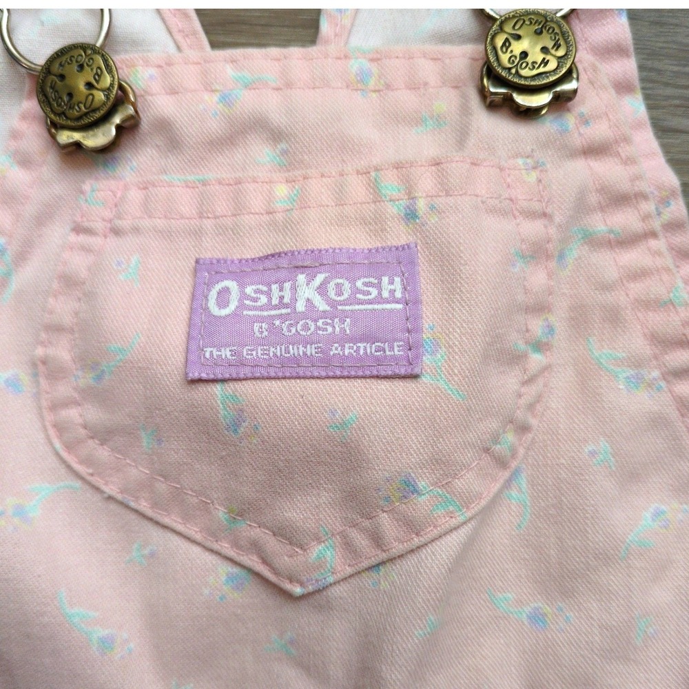 Vtg 80s OshKosh B'gosh Pink Floral Shortalls Vestbak Overalls Short USA Made 24M - Picture 3 of 11